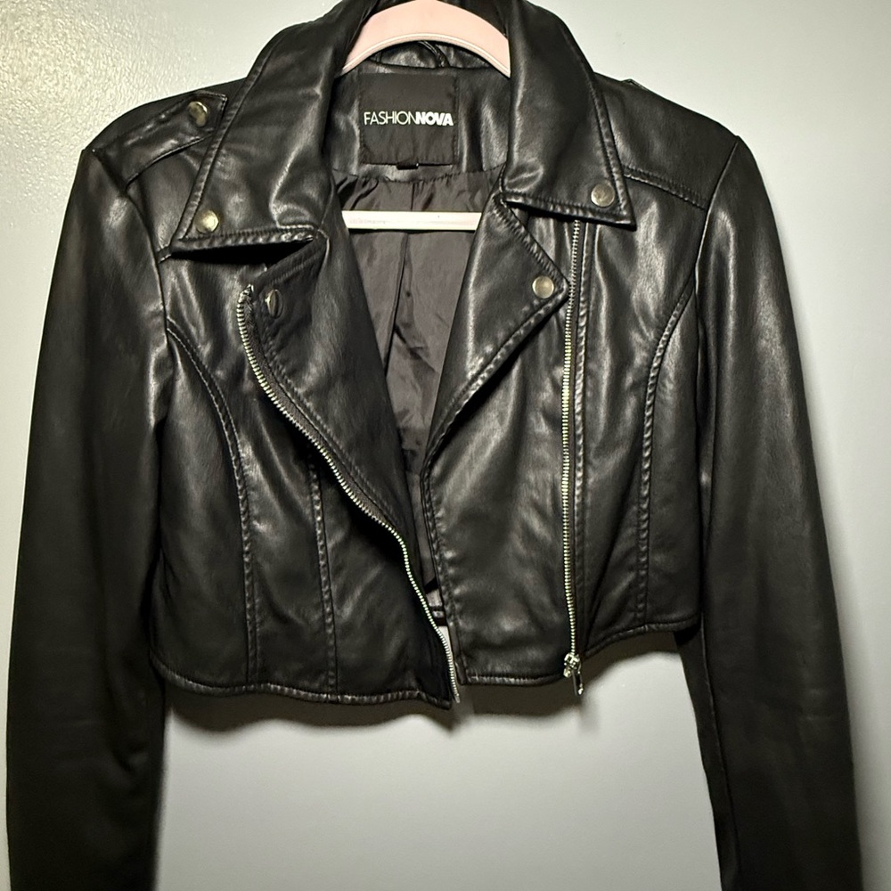 Fashion Nova Black Faux Leather Cropped Moto Jacket